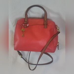 Fossil Rachel leather satchel in a coral/claret red color NWT